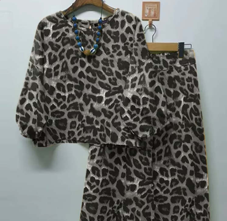 'Dalora' Leopard Print Pants and Blouse Suit