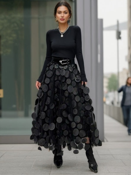 'Siara' Long Black Skirt with Stylish Circular Accents