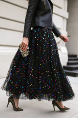 'Deniza' High Waist Sequin and Mesh Skirt