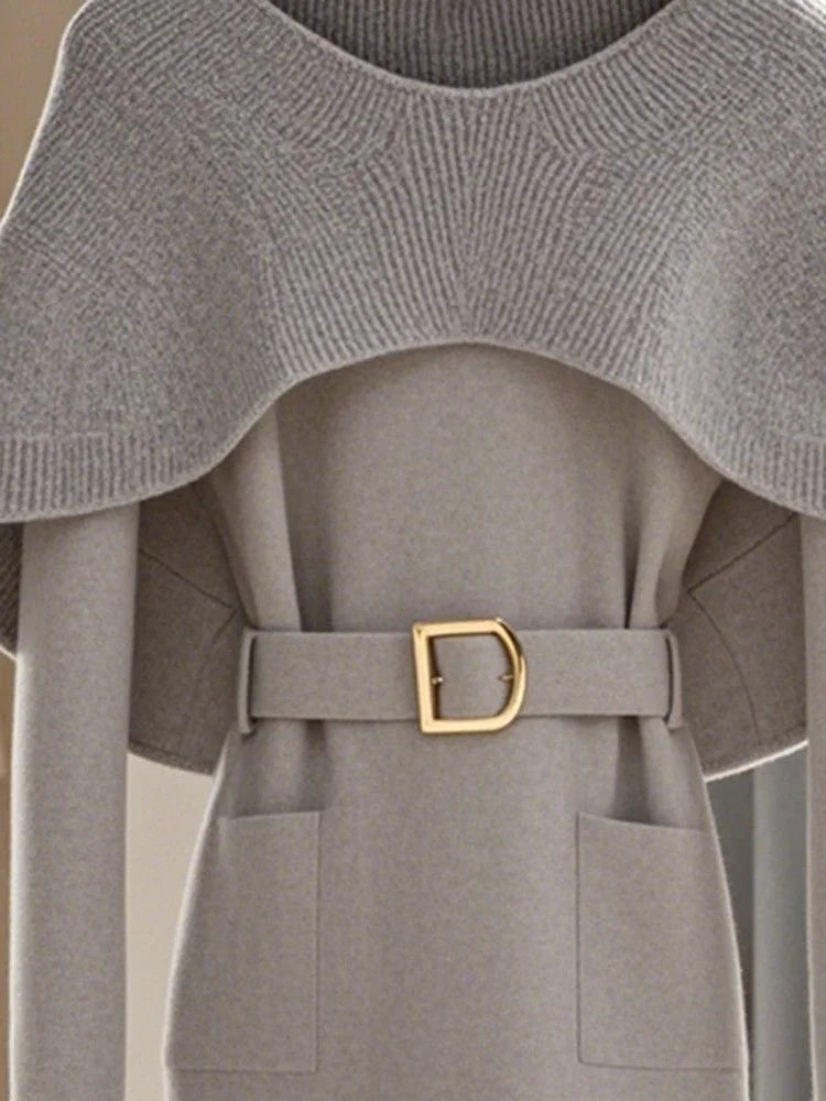 'Biona' Grey Neck Accent Sweater with Belt