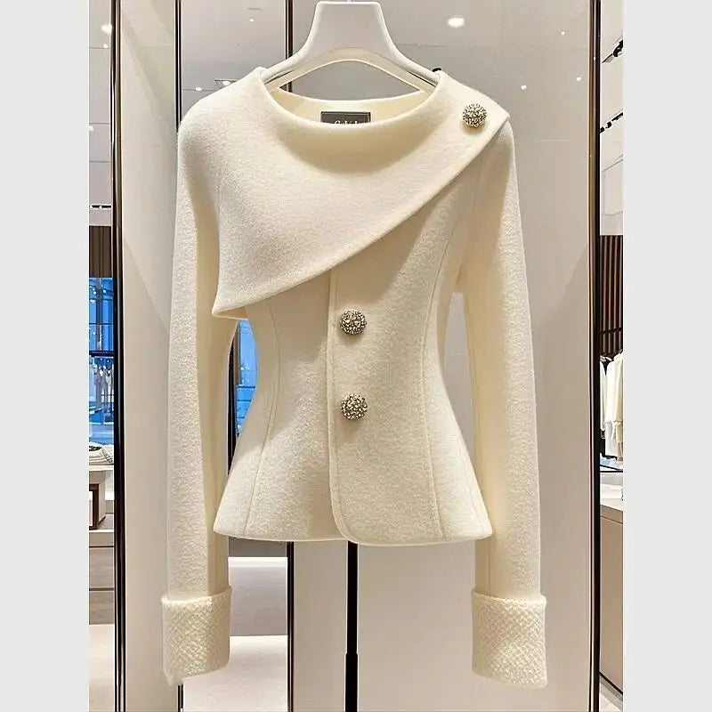 'Ernesta' White Asymmetrical Neckline Blazer with Elegant Buttons