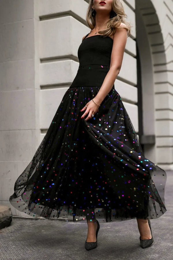 'Deniza' High Waist Sequin and Mesh Skirt