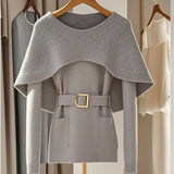 'Biona' Grey Neck Accent Sweater with Belt