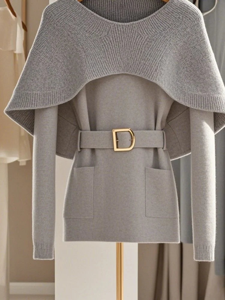 'Biona' Grey Neck Accent Sweater with Belt