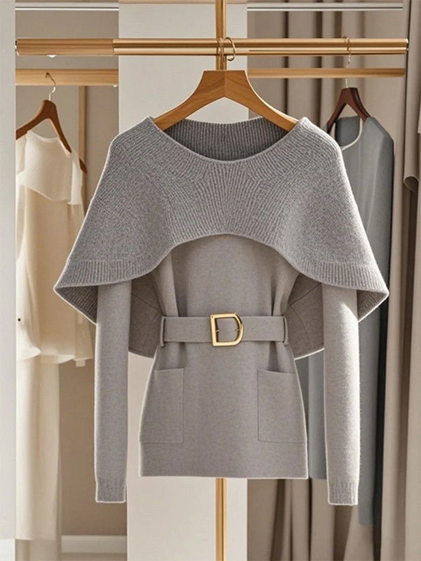 'Biona' Grey Neck Accent Sweater with Belt